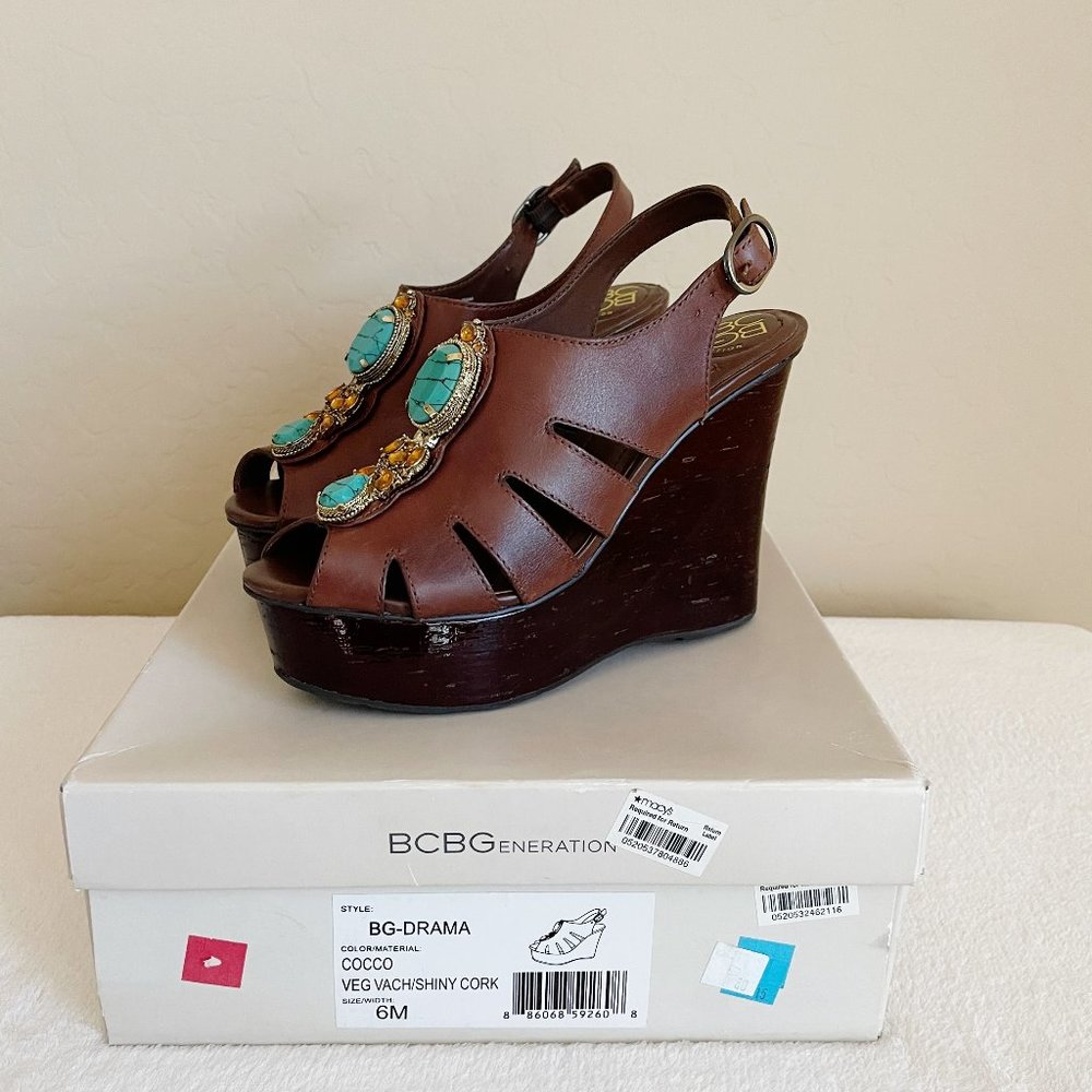 New BCBGeneration Sandals Drama Brown Turquoise Bead Stone Platform Wedge Sz 6 - Picture 3 of 13